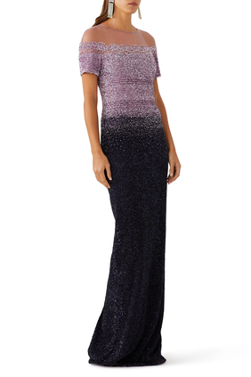 Sequin-Embellished Ombre Illusion Gown